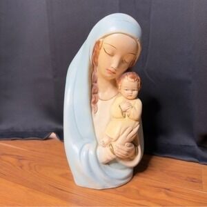Plaster Madonna Child Virgin Mary Jesus Figurine Bust 1950s Vase Vintage Statue